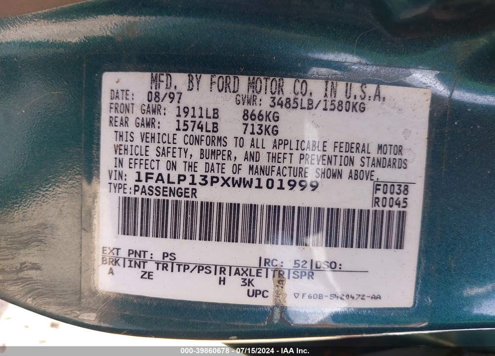 1998 FORD ESCORT SE VIN: 1FALP13PXWW101999