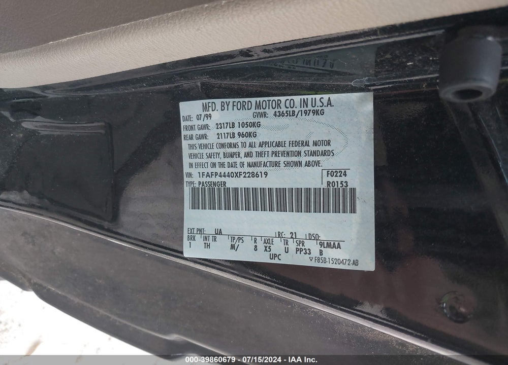 1999 FORD MUSTANG VIN: 1FAFP4440XF228619