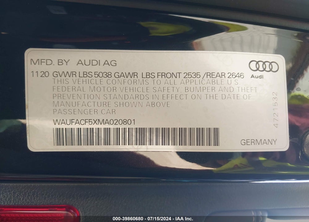 2021 AUDI A5 SPORTBACK PREMIUM PLUS 45 TFSI QUATTRO S TRONIC VIN: WAUFACF5XMA020801