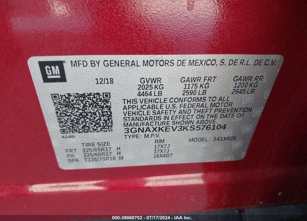 2019 CHEVROLET EQUINOX LT VIN: 3GNAXKEV3KS576104