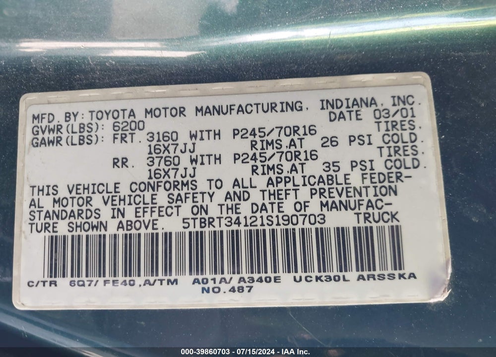 2001 TOYOTA TUNDRA SR5 V8 VIN: 5TBRT34121S190703