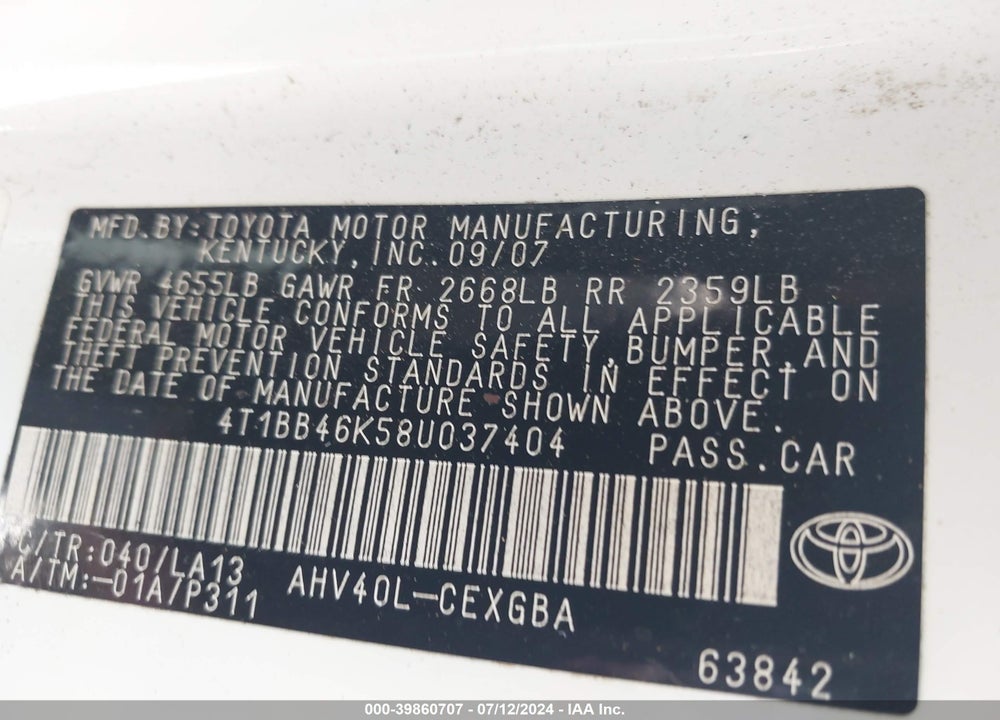2008 TOYOTA CAMRY HYBRID VIN: 4T1BB46K58U037404