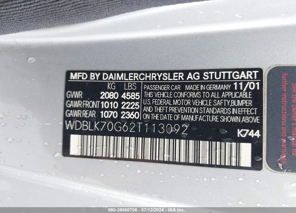 2002 MERCEDES-BENZ CLK 430 VIN: WDBLK70G62T113092