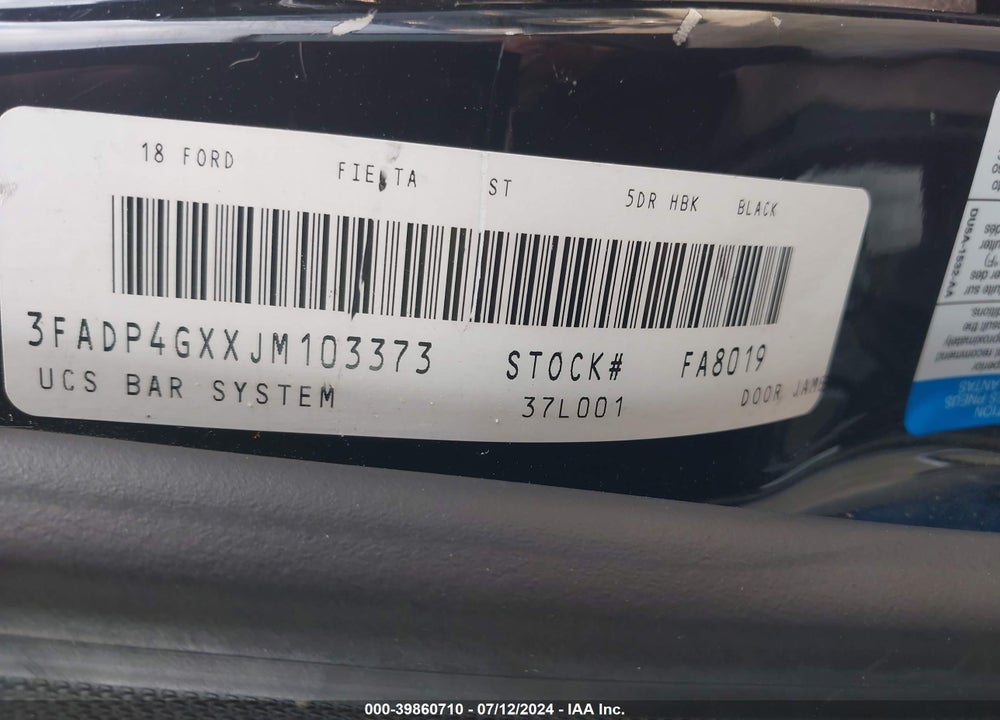 2018 FORD FIESTA ST VIN: 3FADP4GXXJM103373