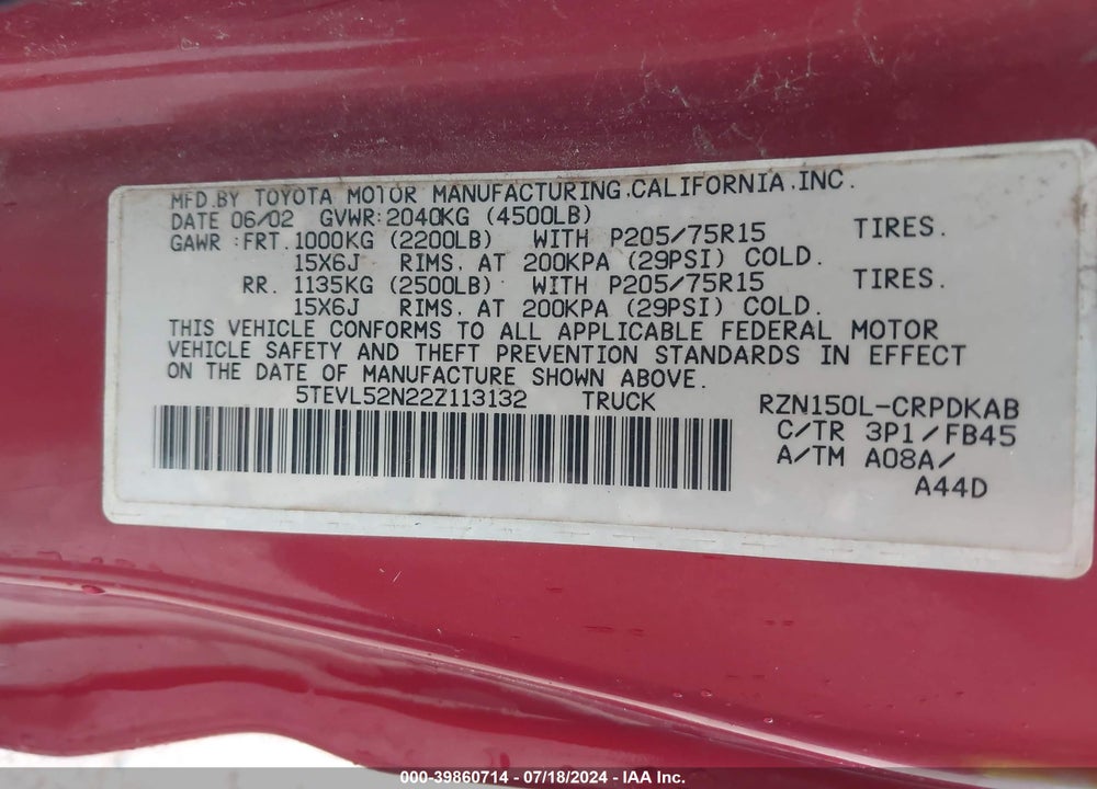 2002 TOYOTA TACOMA VIN: 5TEVL52N22Z113132