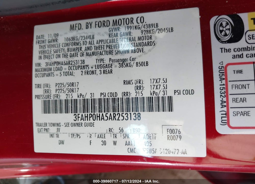 2010 FORD FUSION SE VIN: 3FAHP0HA5AR253138