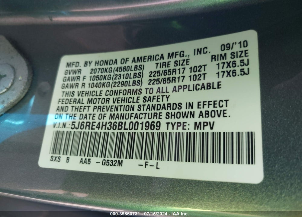 2011 HONDA CR-V LX VIN: 5J6RE4H36BL001969