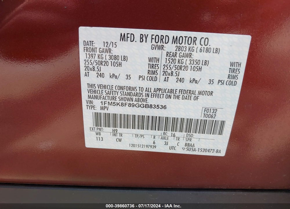 2016 FORD EXPLORER LIMITED VIN: 1FM5K8F89GGB83536