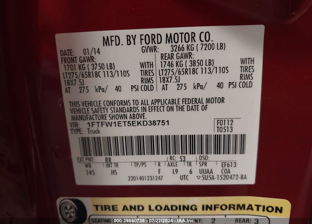 2014 FORD F-150 LARIAT VIN: 1FTFW1ET5EKD38751