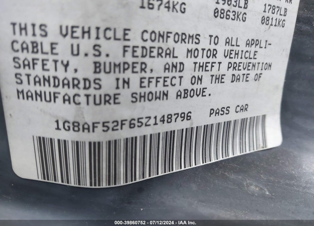 2005 SATURN ION 1 VIN: 1G8AF52F65Z148796