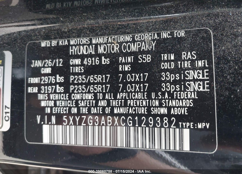 2012 HYUNDAI SANTA FE GLS VIN: 5XYZG3ABXCG129382