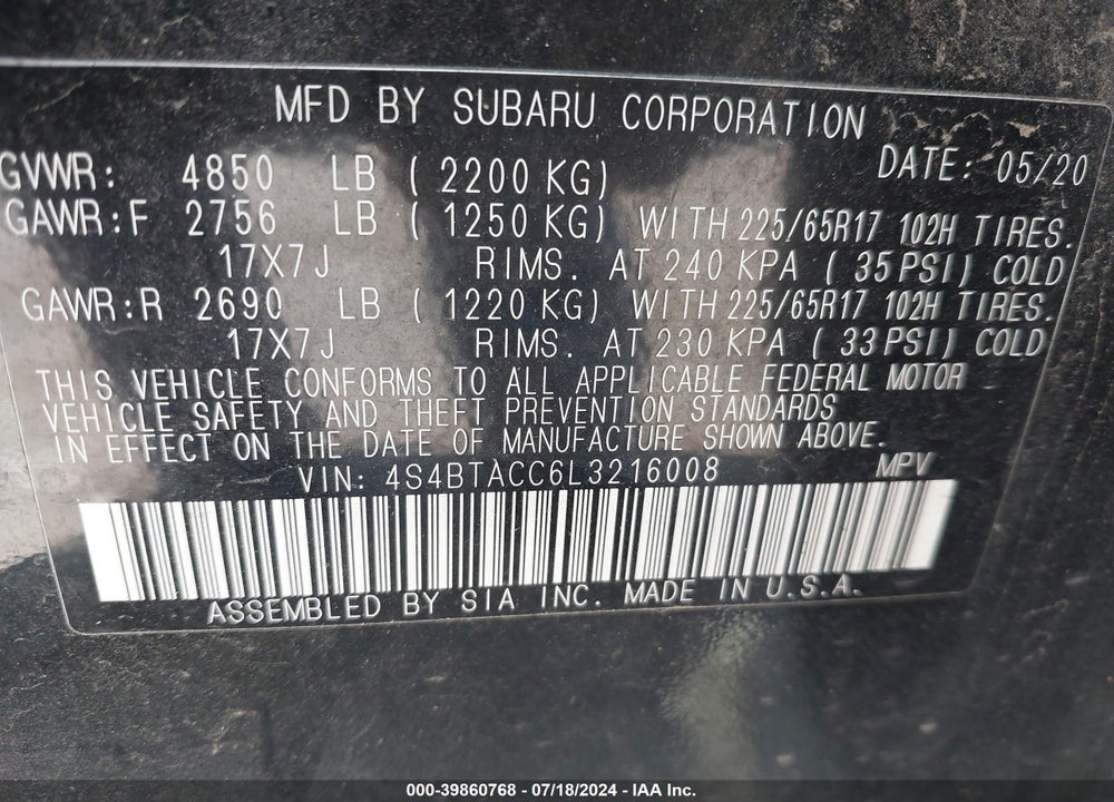 2020 SUBARU OUTBACK PREMIUM VIN: 4S4BTACC6L3216008