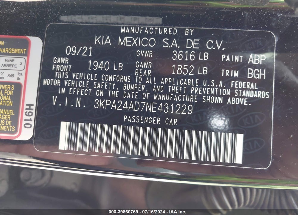 2022 KIA RIO S VIN: 3KPA24AD7NE431229
