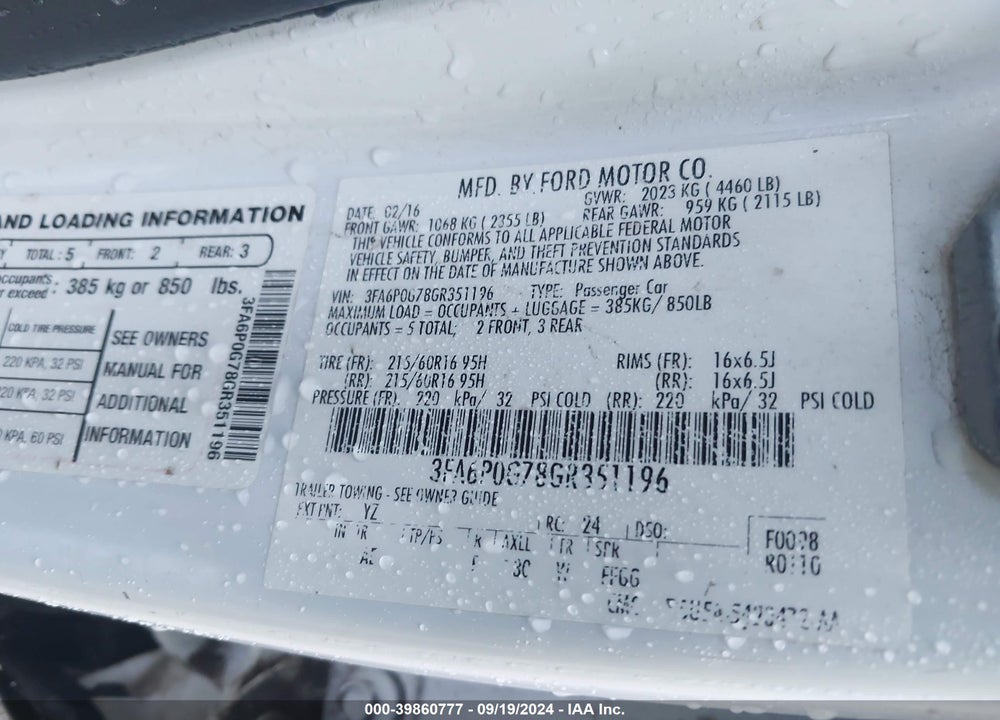 2016 FORD FUSION S VIN: 3FA6P0G78GR351196