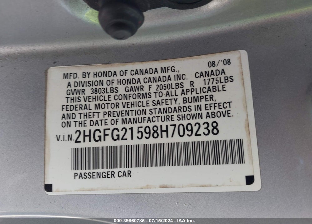 2008 HONDA CIVIC SI VIN: 2HGFG21598H709238
