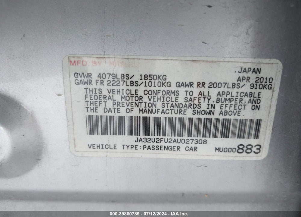 2010 MITSUBISHI LANCER ES VIN: JA32U2FU2AU027308