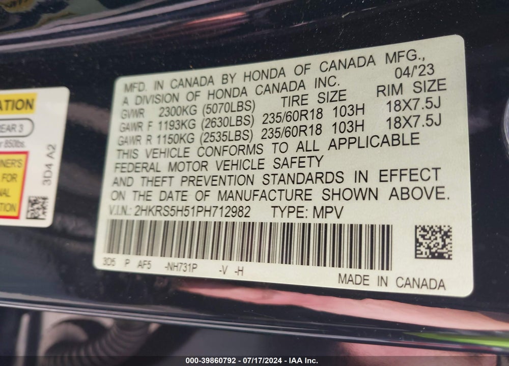 2023 HONDA CR-V HYBRID SPORT VIN: 2HKRS5H51PH712982