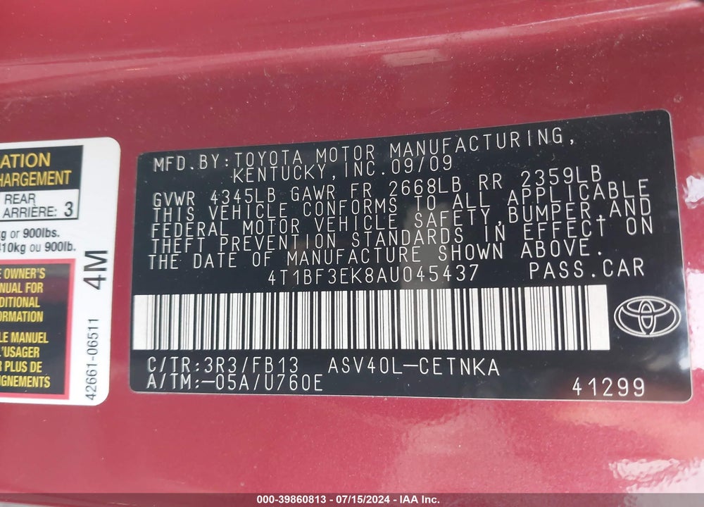 2010 TOYOTA CAMRY LE VIN: 4T1BF3EK8AU045437