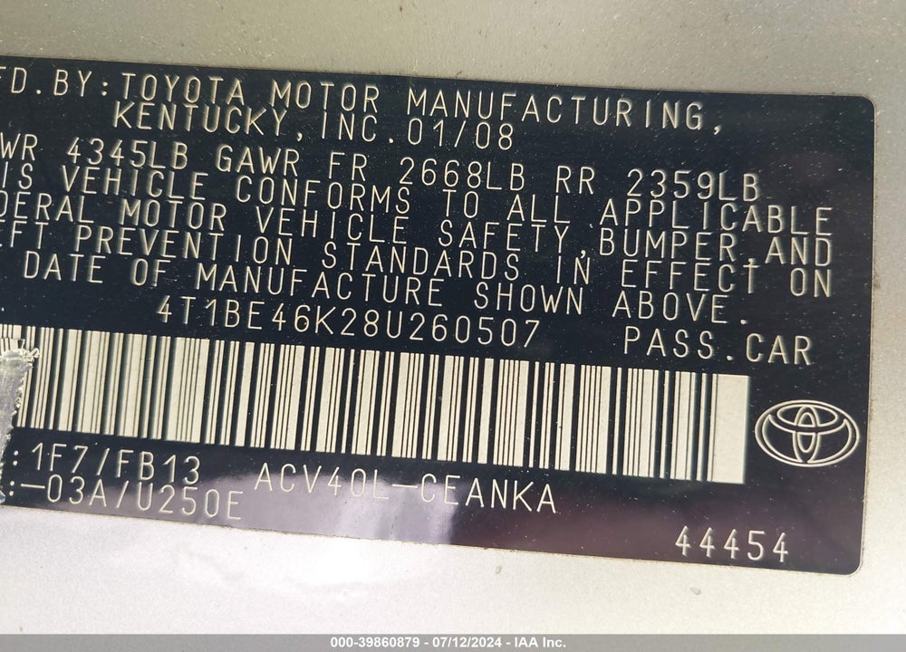 2008 TOYOTA CAMRY LE VIN: 4T1BE46K28U260507