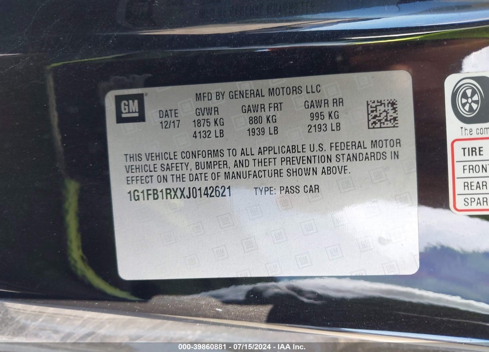 2018 CHEVROLET CAMARO 1LT VIN: 1G1FB1RXXJ0142621