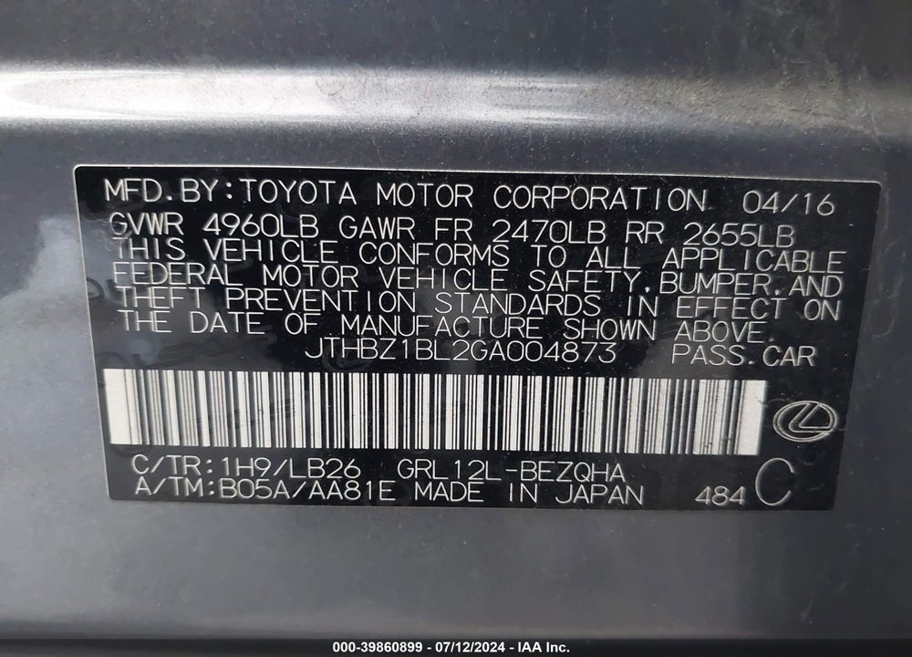2016 LEXUS GS 350 F-SPORT VIN: JTHBZ1BL2GA004873