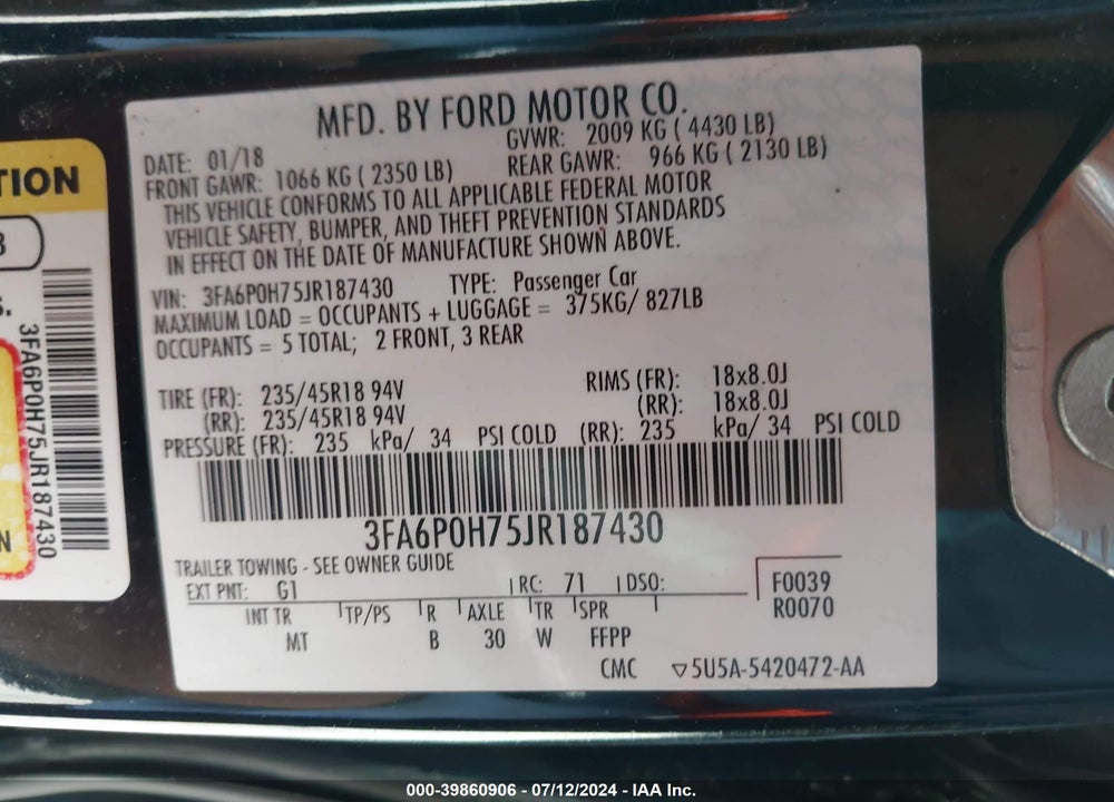 2018 FORD FUSION SE VIN: 3FA6P0H75JR187430