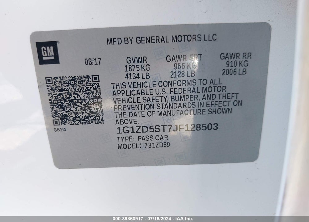 2018 CHEVROLET MALIBU LT VIN: 1G1ZD5ST7JF128503