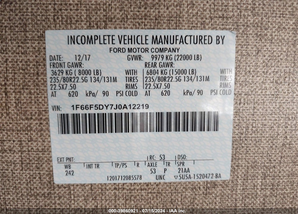 2018 FORD F53 VIN: 1F66F5DY7J0A12219