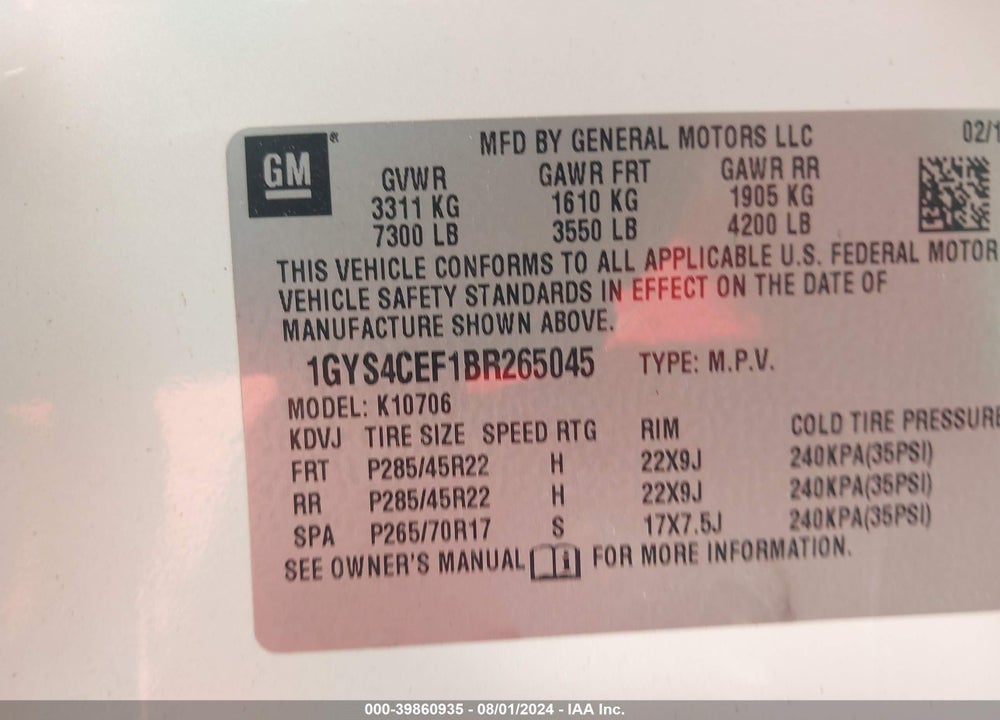 2011 CADILLAC ESCALADE PREMIUM VIN: 1GYS4CEF1BR265045