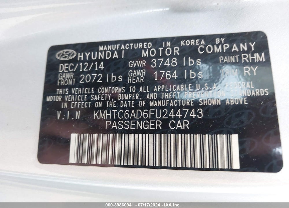 2015 HYUNDAI VELOSTER VIN: KMHTC6AD6FU244743