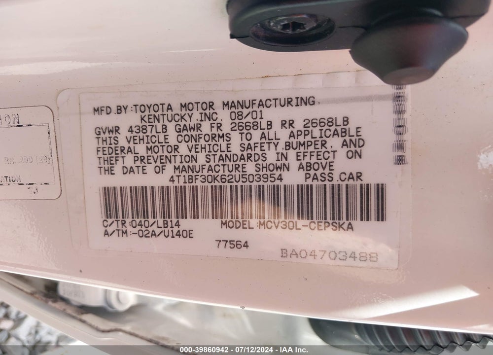2002 TOYOTA CAMRY SE V6 VIN: 4T1BF30K62U503954