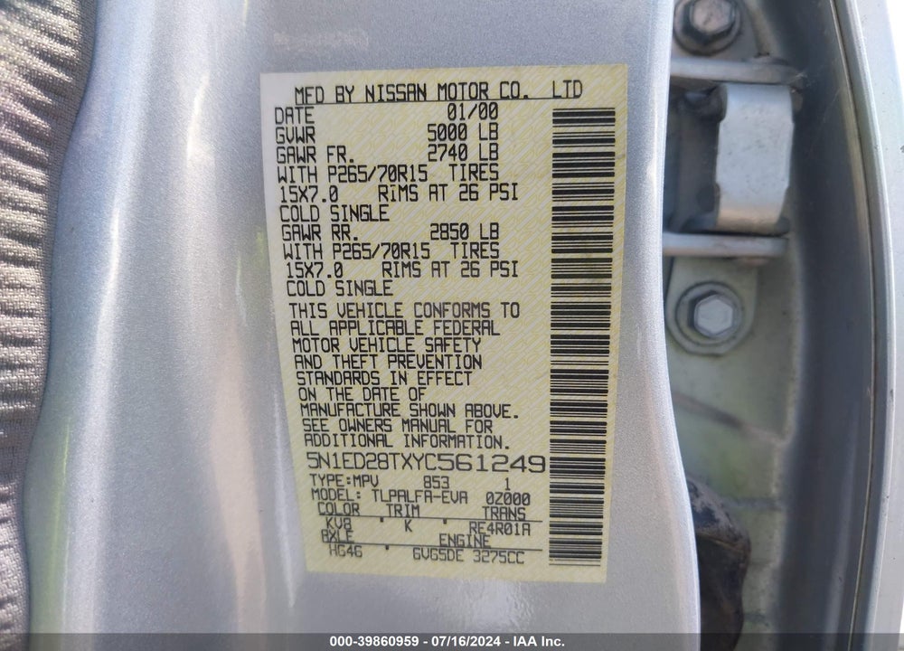 2000 NISSAN XTERRA SE/XE VIN: 5N1ED28TXYC561249