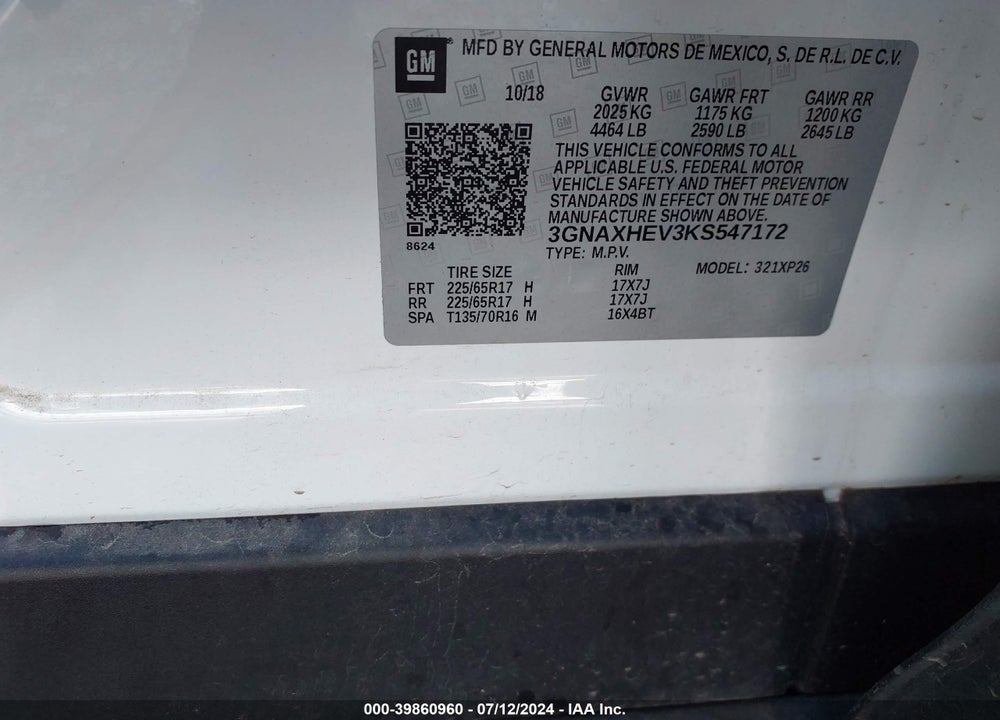 2019 CHEVROLET EQUINOX LS VIN: 3GNAXHEV3KS547172