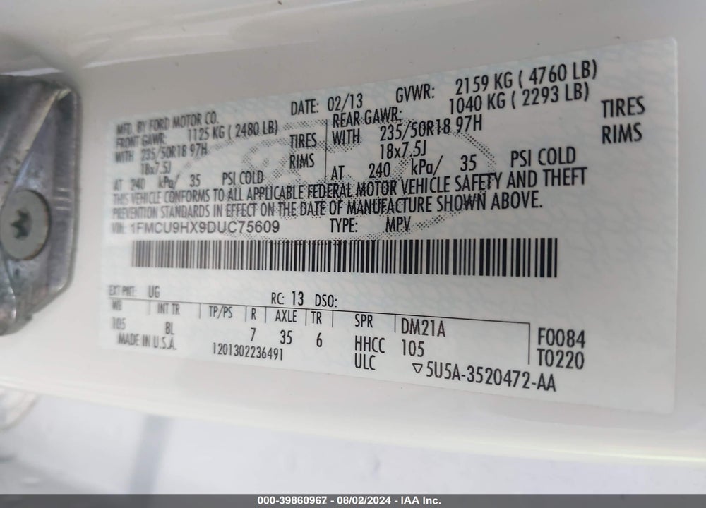 2013 FORD ESCAPE SEL VIN: 1FMCU9HX9DUC75609