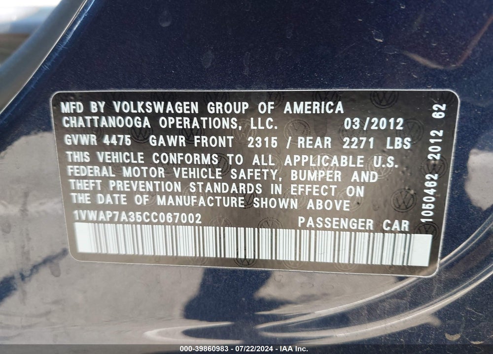 2012 VOLKSWAGEN PASSAT 2.5L S VIN: 1VWAP7A35CC067002