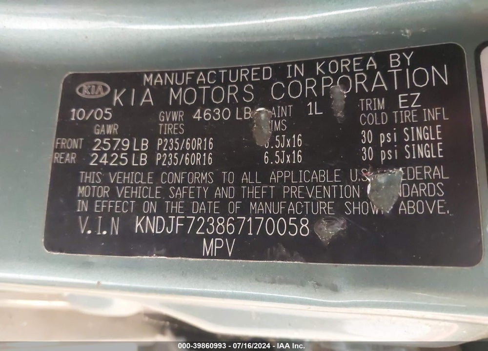 2006 KIA SPORTAGE EX V6/LX V6 VIN: KNDJF723867170058