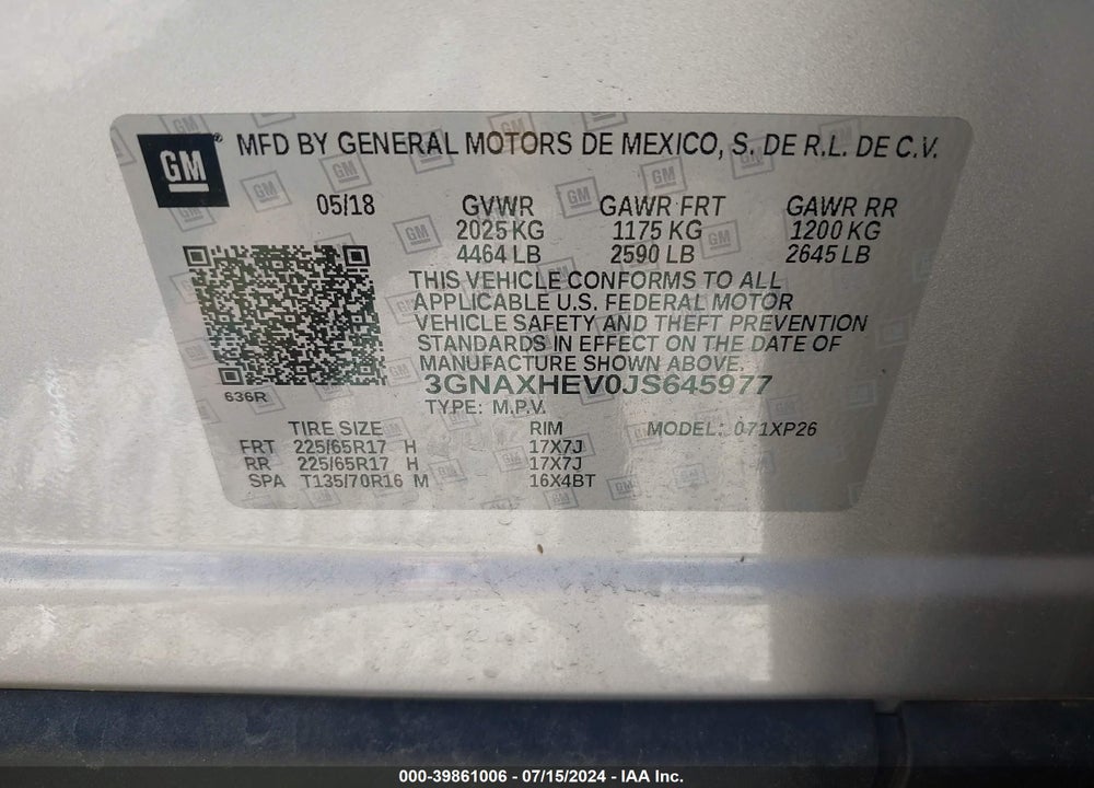 2018 CHEVROLET EQUINOX LS VIN: 3GNAXHEV0JS645977