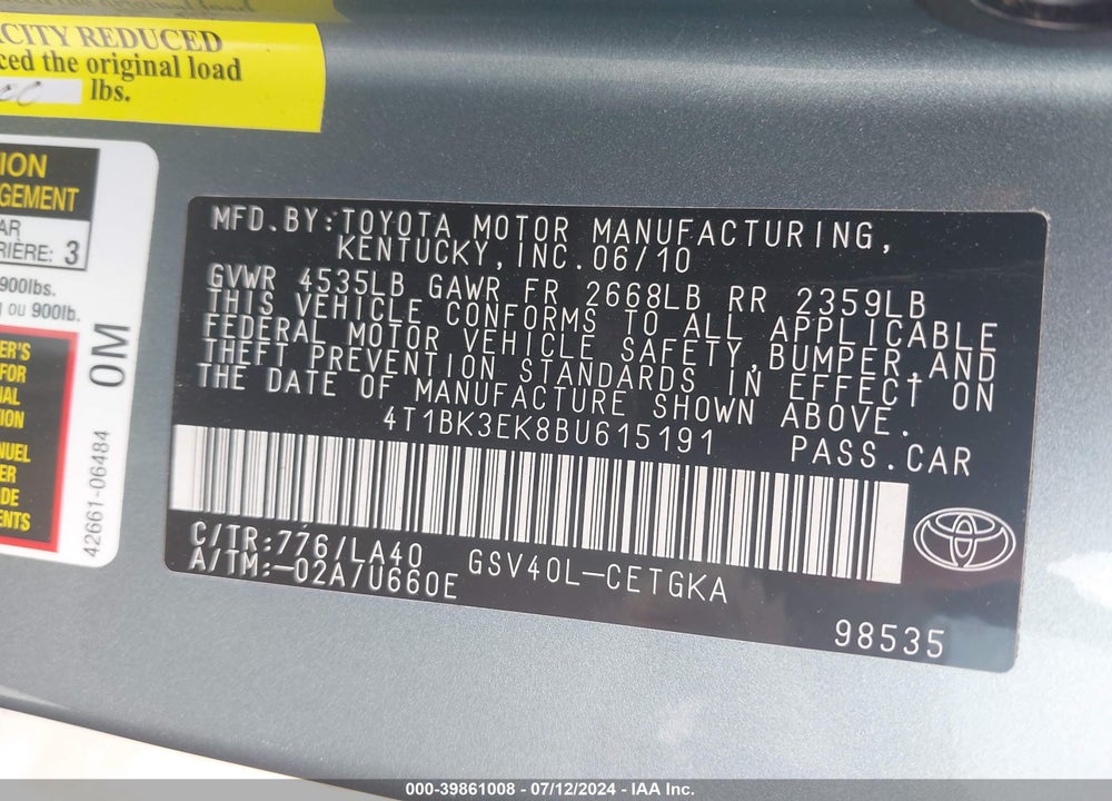 2011 TOYOTA CAMRY XLE V6 VIN: 4T1BK3EK8BU615191