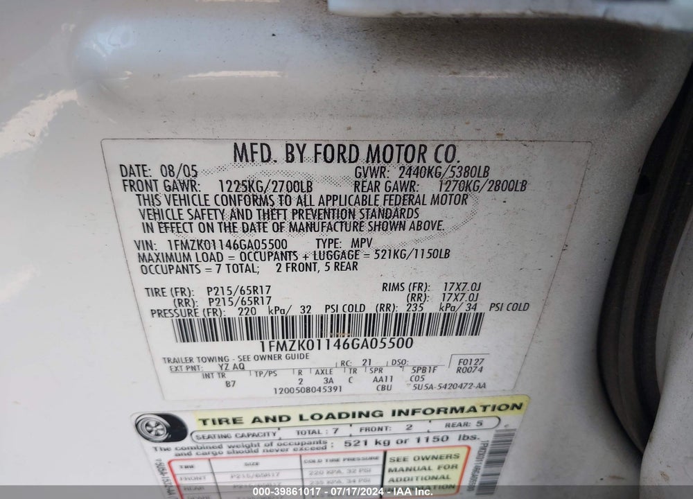 2006 FORD FREESTYLE SE VIN: 1FMZK01146GA05500