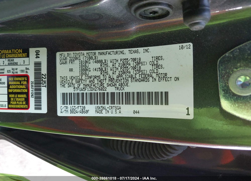 2013 TOYOTA TUNDRA GRADE 5.7L V8 VIN: 5TFUW5F13DX276022