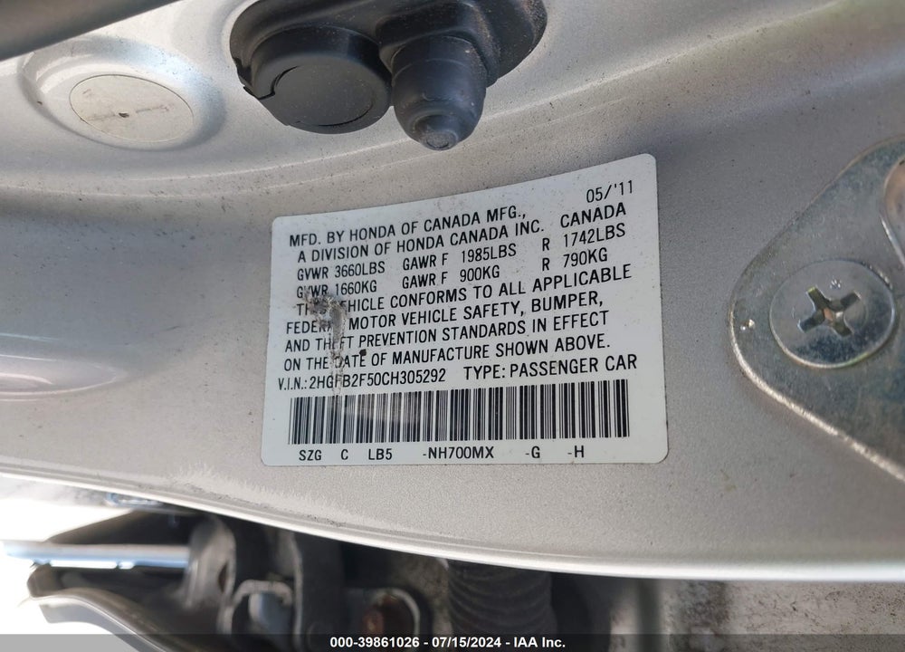2012 HONDA CIVIC LX VIN: 2HGFB2F50CH305292