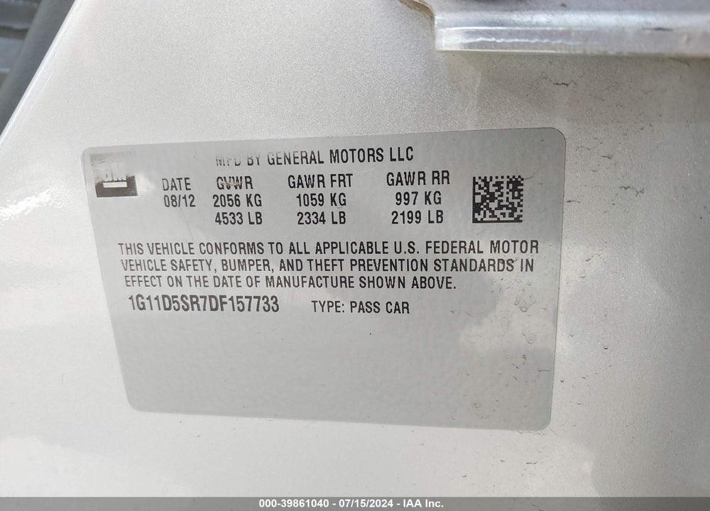 2013 CHEVROLET MALIBU ECO VIN: 1G11D5SR7DF157733