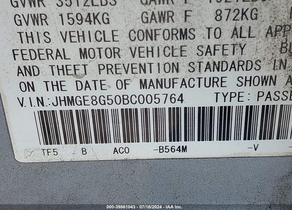 2011 HONDA FIT SPORT VIN: JHMGE8G50BC005764