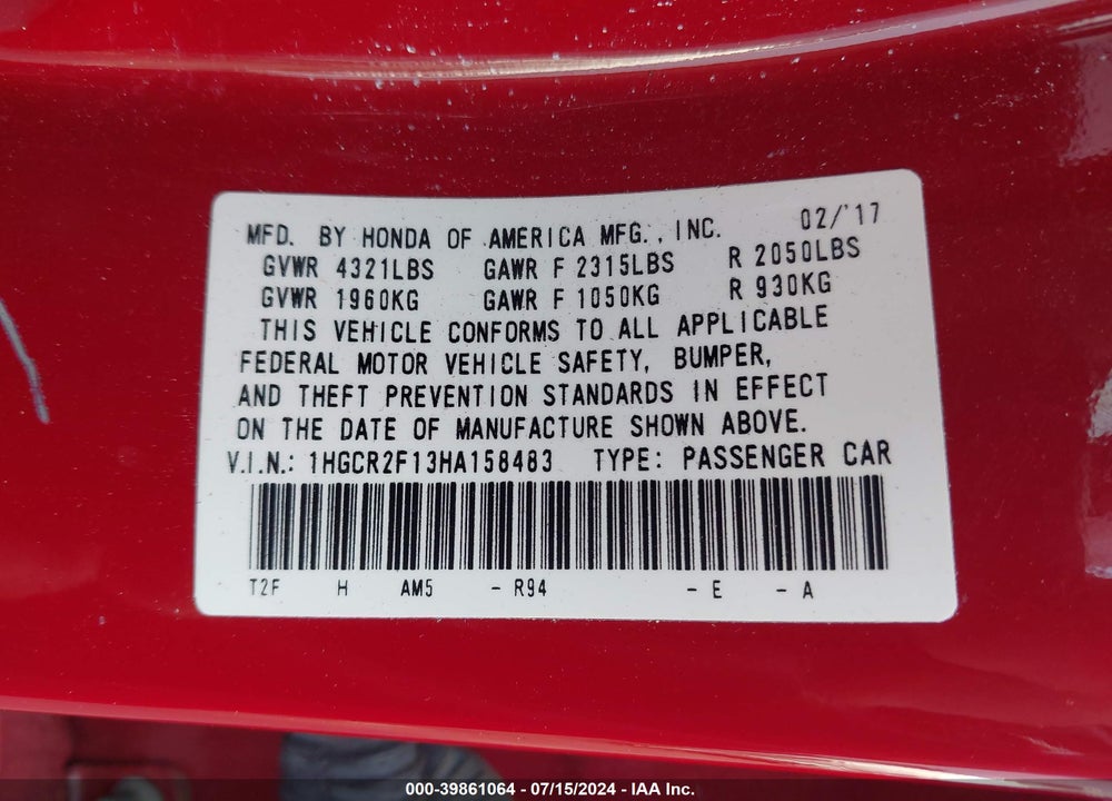 2017 HONDA ACCORD SPORT SE VIN: 1HGCR2F13HA158483