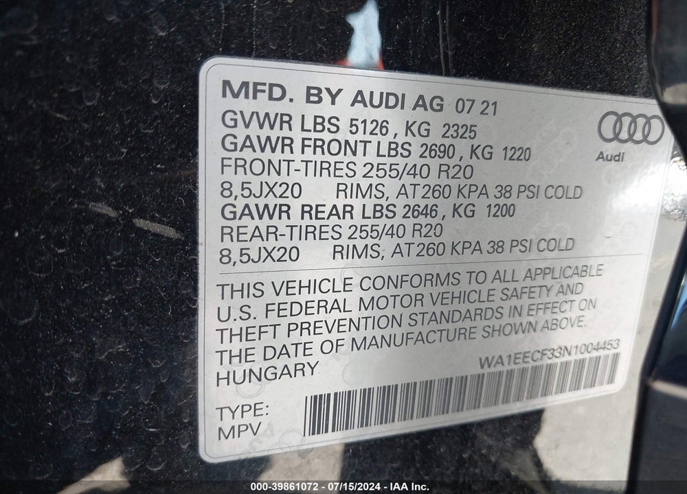 2022 AUDI Q3 PREMIUM PLUS 45 TFSI S LINE QUATTRO TIPTRONIC VIN: WA1EECF33N1004453