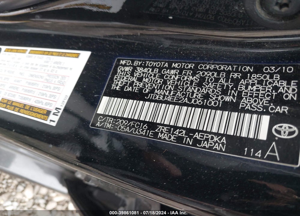 2010 TOYOTA COROLLA LE VIN: JTDBU4EE2AJ061001