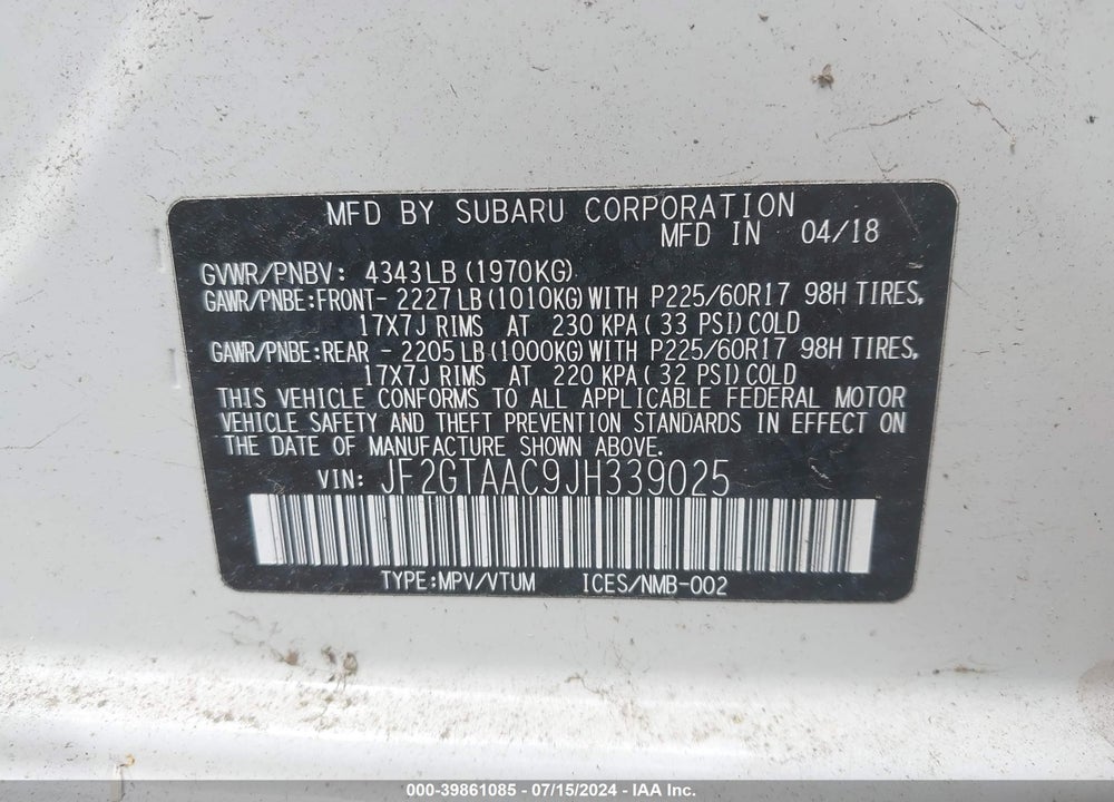 2018 SUBARU CROSSTREK 2.0I VIN: JF2GTAAC9JH339025