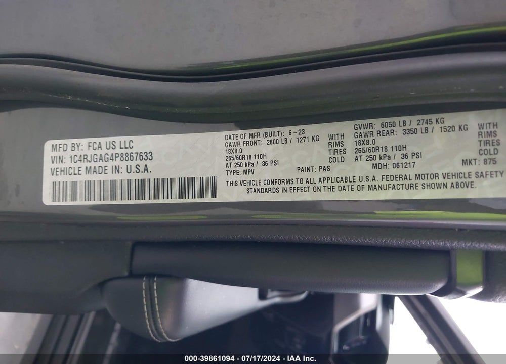 2023 CHEROKEE JEEP GRAND  LAREDO X 4X2 VIN: 1C4RJGAG4P8867633