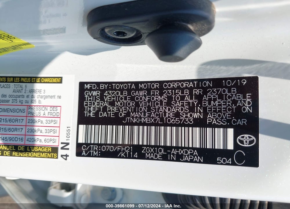 2020 TOYOTA C-HR LE VIN: JTNKHMBX7L1065733