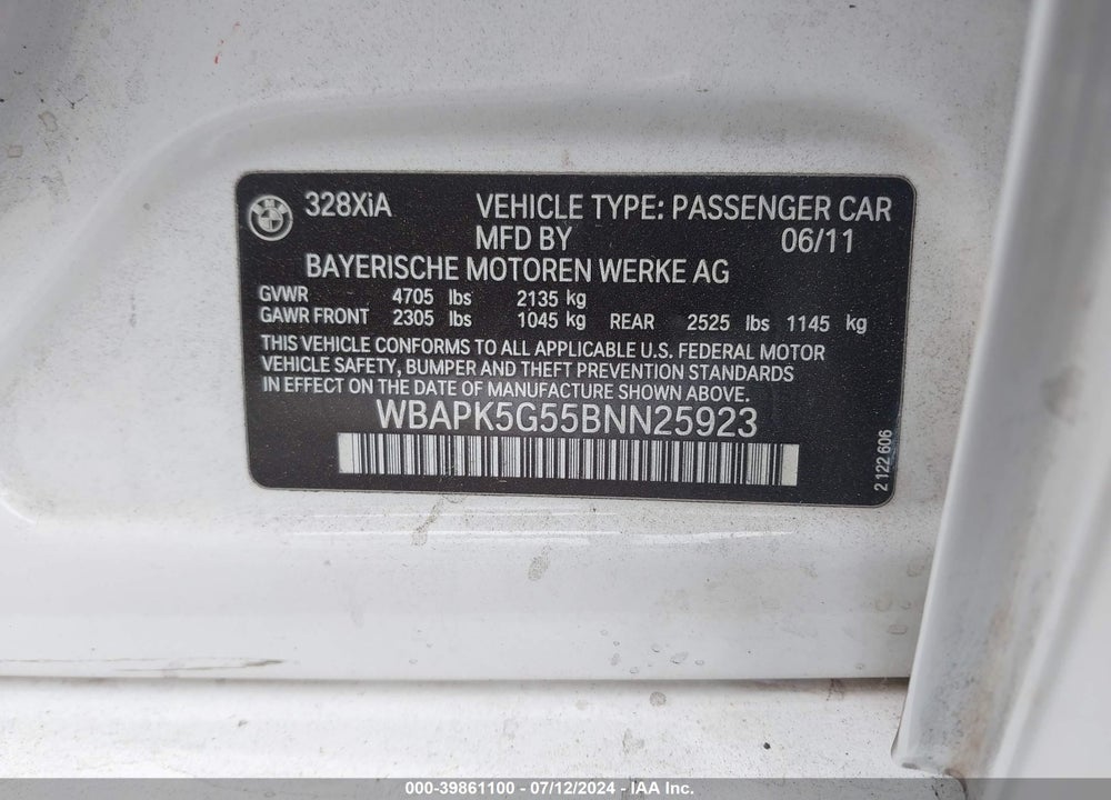 2011 BMW 328I XDRIVE VIN: WBAPK5G55BNN25923